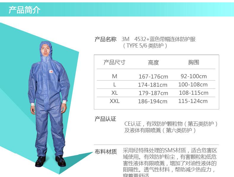 3M 4532+蓝色带帽连体防护服L